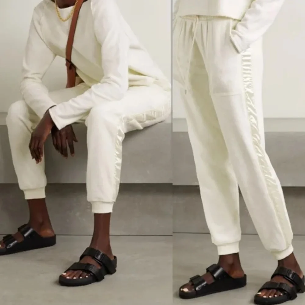 ATM Women XL Cream Satin French Cotton Terry Pull-On Chalk Jogger Track Pant NWT